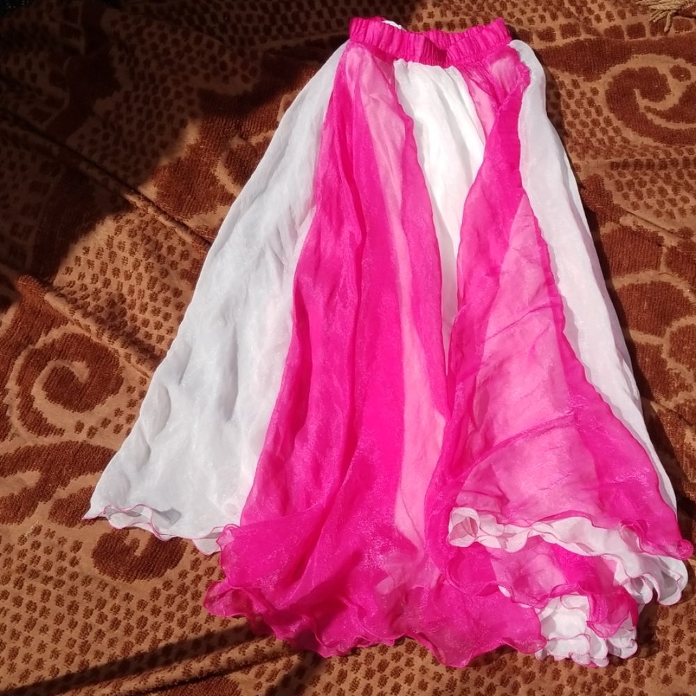 Pink and White Flowy Full Belly Dance Maxi Skirt Gypsy Bohemian Costume S-L